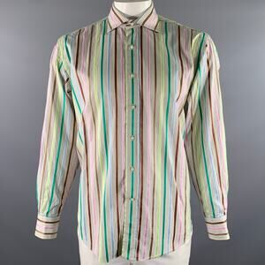 ETRO Size XL Cream Multi-Color Stripe Cotton Long Sleeve Shirt